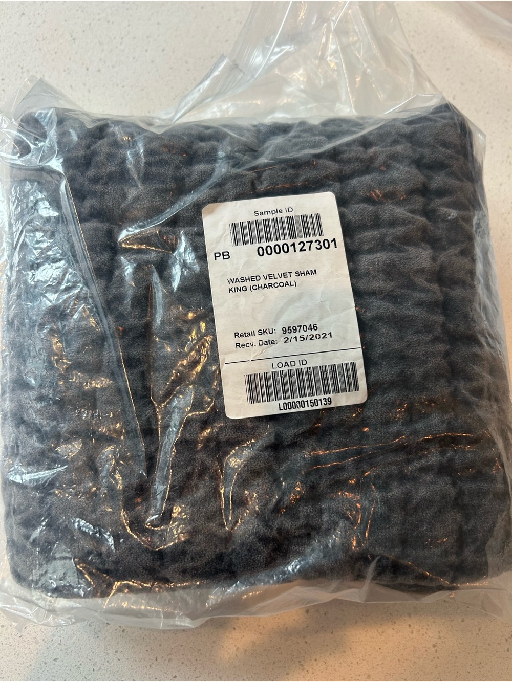 Pottery Barn Washed Velvet Handcrafted Quilted King Sham Charcoal Standard NWOT